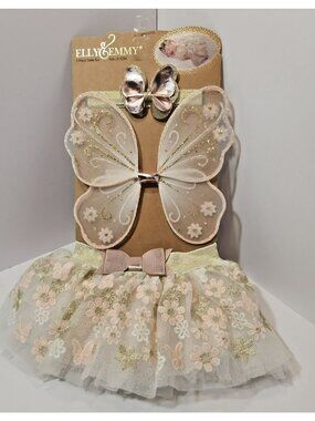 Brand New Elly & Emmy 3 Piece Tutu Set Size 0-12M Floral w/Butterfly Wings